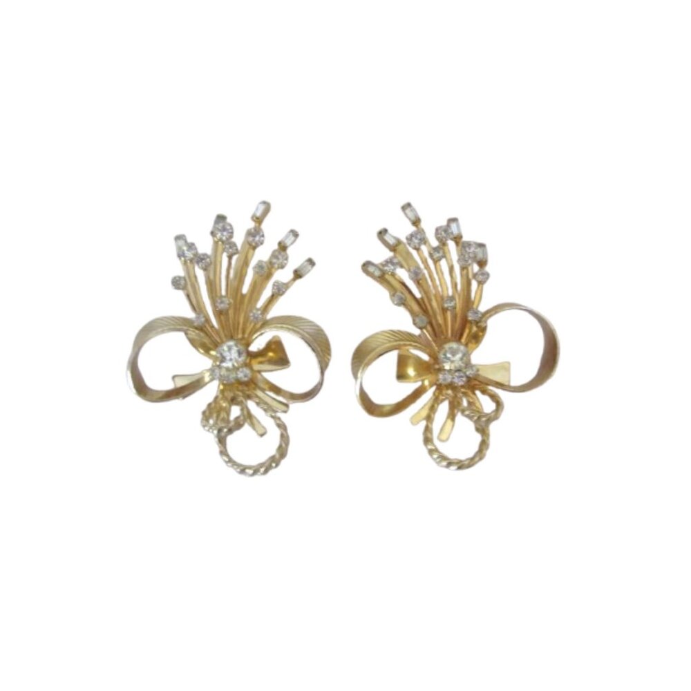 Vintage 60s Sarah Coventry Gold Tone Larger Bows w Clear Rhinestones Clip On Ear